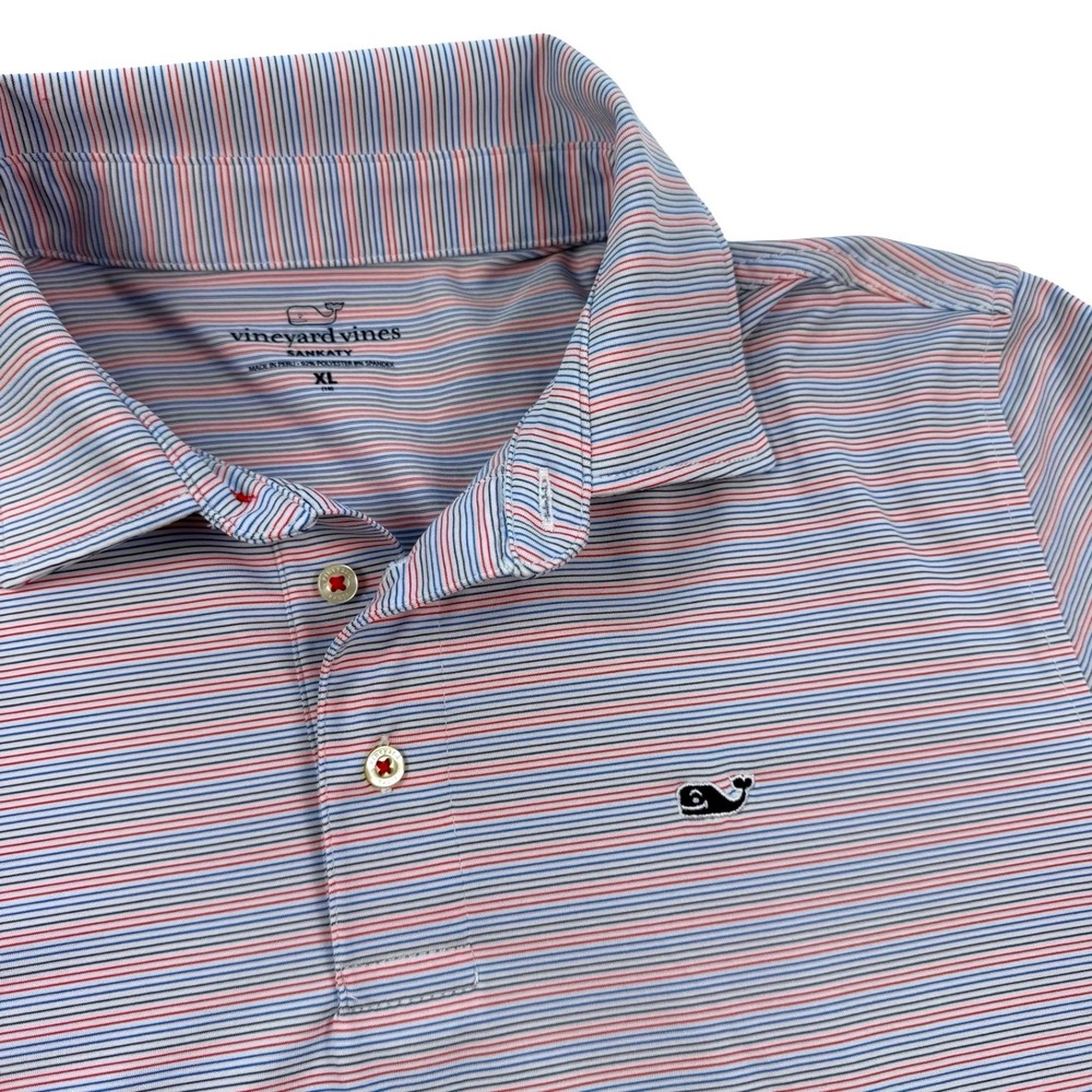 Vineyard Vines Sankaty Polo Shirt Boys XL Blue Red Grey Stripe Performance - Picture 2 of 7